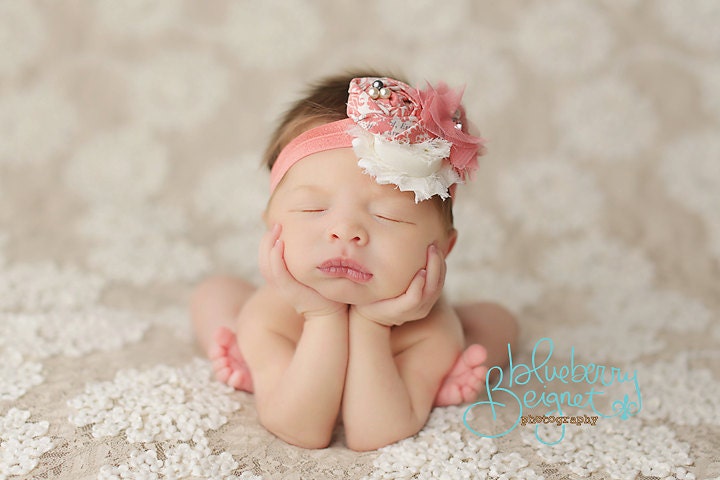 Coral and Ivory rosette and chiffon headband, coral headbands, newborn headbands, flower headbands, vintage headbands, photography prop