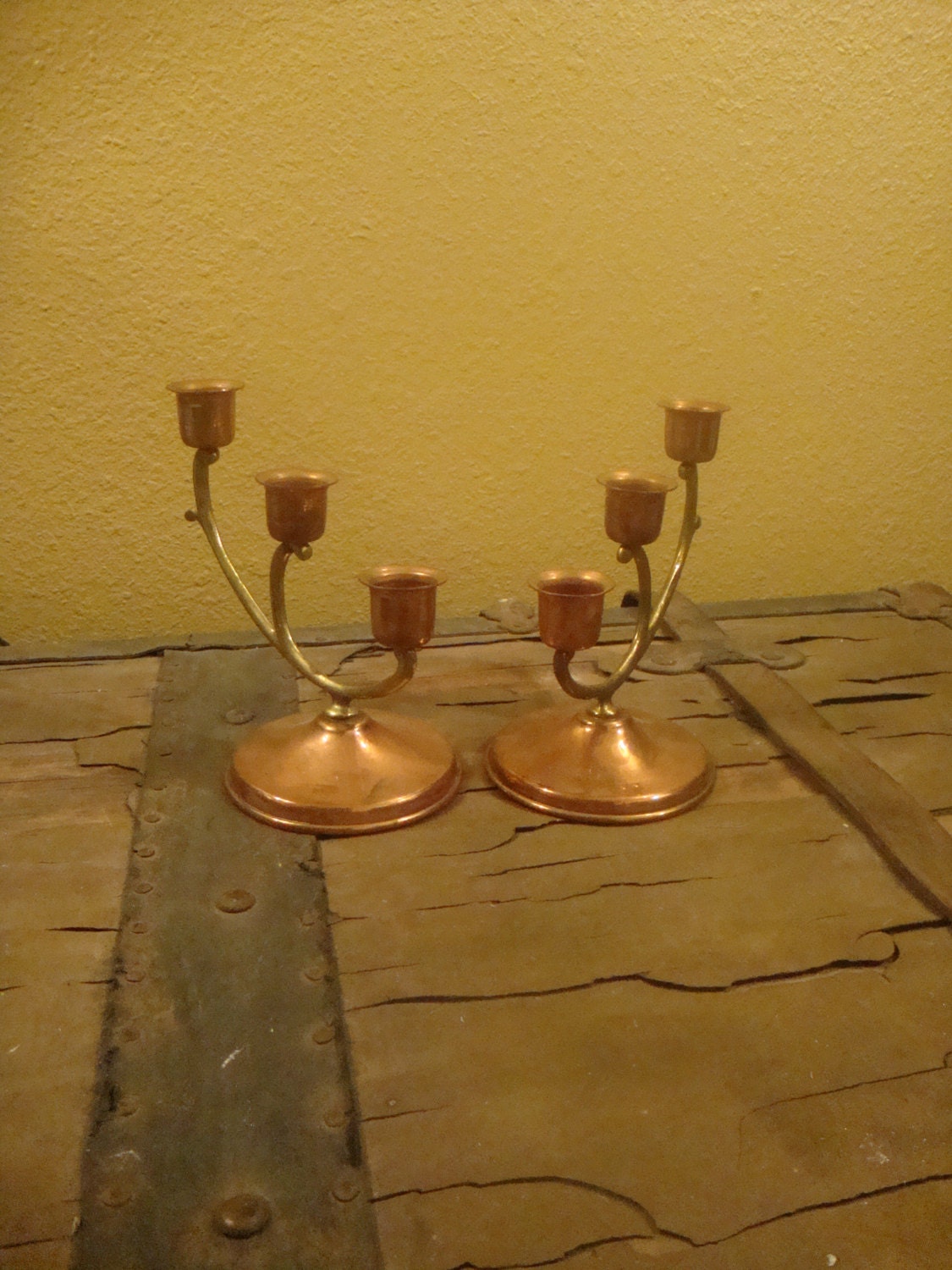 Brass and Copper Vintage Candle Holder Set- READY TO SHIP- , Rustic wedding, Home Decor,  Wedding Decor