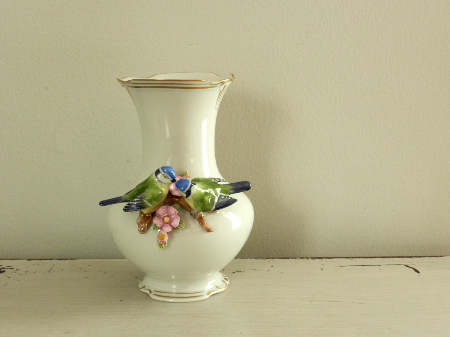 Vintage Porcelain Vase Porcelain Bird Figurine Unterweissbach German Collectible White Porcelain
