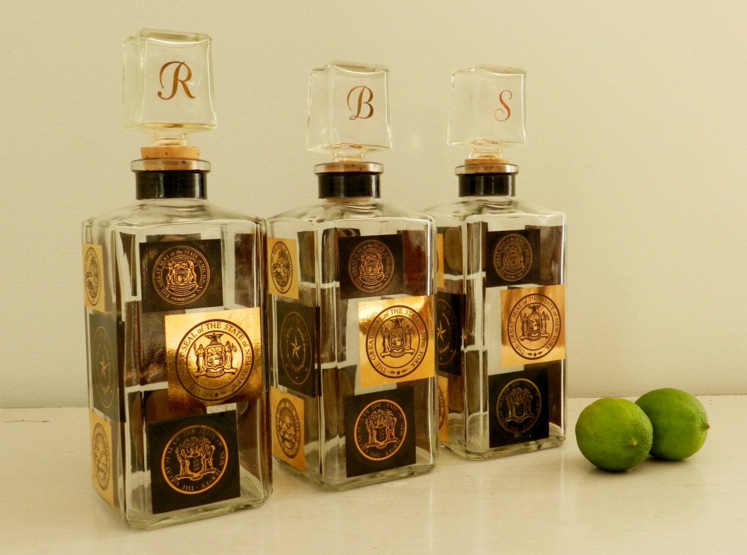 Vintage Decanters Set of Three Gold State Seals Mid Century Barware Liquor Decanter Fathers Day