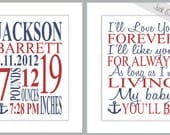 MATCHING NURSERY ART - Birth Stat & I'll Love You Forever Print 8x10 Print - You Choose Custom Colours -  Nautical theme - Navy and Red