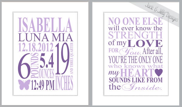 MATCHING NURSERY ART - Birth Stat and Strength of my Love Print - You Choose the Custom Colours - No one Else will ever know poem