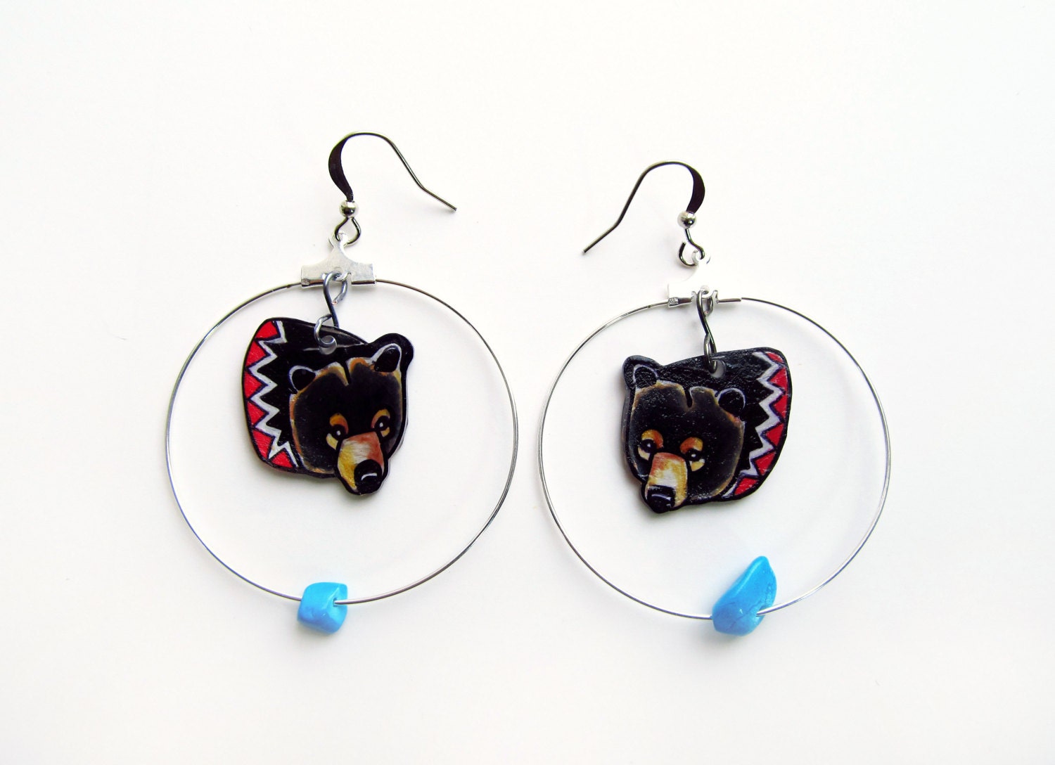 Black Bear Earrings  / Chevron Earrings / Hoop Earrings / Turquoise  / Woodland Animal / Zig Zag / Shrink Plastic Jewelry / Wearable Art