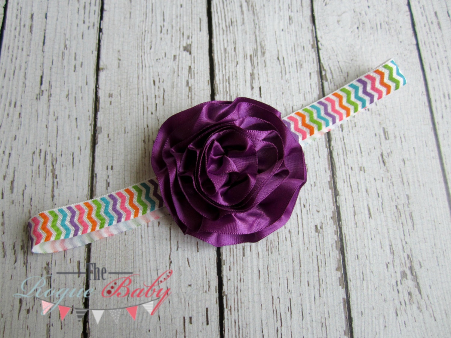 Rainbow Neon Chevron Headband with Purple Satin Flower - Newborn Infant Baby Toddler Girls Adult