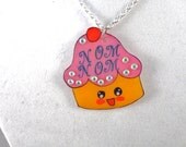 Cupcake necklace NOM NOM with rhinestones (crystals, kawaii, alice, princess, hime, lolita, cosplay, cute, shrink plastic, shrinky dinks)