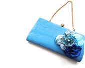 Wedding Flower Rhinestone Brooch Clutch in Turquoise, Aqua, Light Blue & Blue Handbag by ZILLAS QUEEN