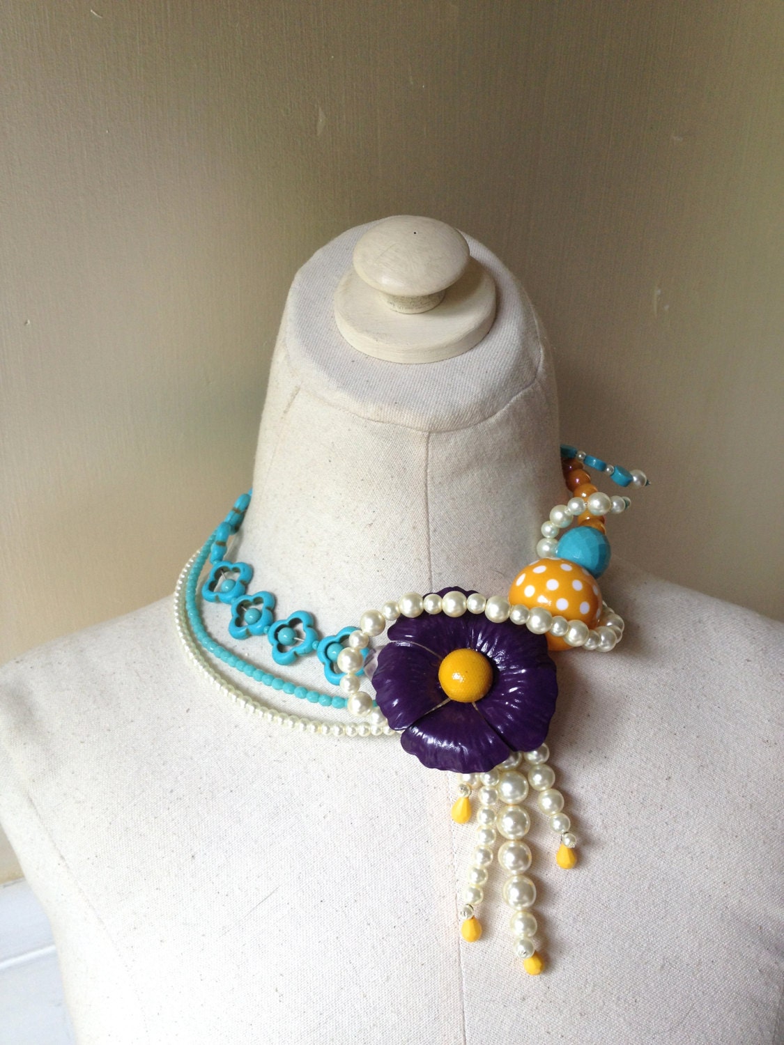 Mothers Day SPRING Flower Pearl Poppy Brooch Statement Necklace in Plum, Purple, Mustard & Turquoise Jewelry by ZILLAS QUEEN