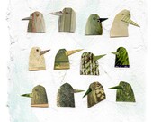 birds I have known 1, birds, bird heads, green birds, mixed media birds, mixed media collage, mixed media print
