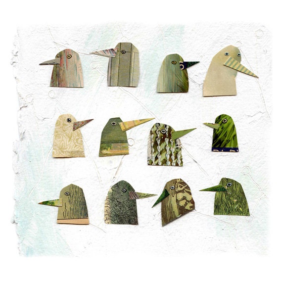 birds I have known 1, birds, bird heads, green birds, mixed media birds, mixed media collage, mixed media print