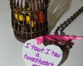 Tweety Bird on Swinging Perch in Rustic Birdcage Necklace, Looney Tunes Inspired, Handsculpted Tweety