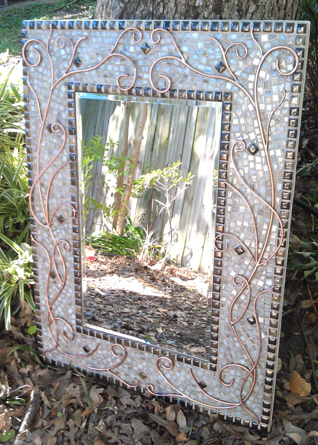 Lovely Copper, White and Bronze Glass Mosaic Art Mirror with Unique Copper Wire Scroll