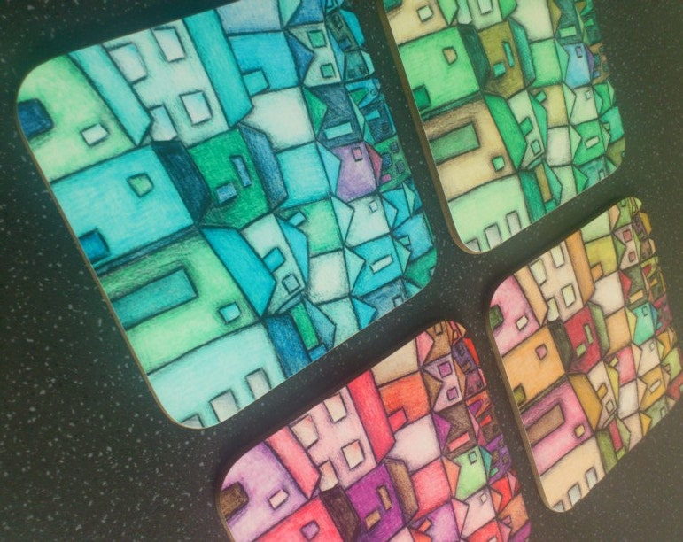 NEW Set of 4 Coasters Happy Homes Traditional Cottage & Terraces Design. From an original drawing