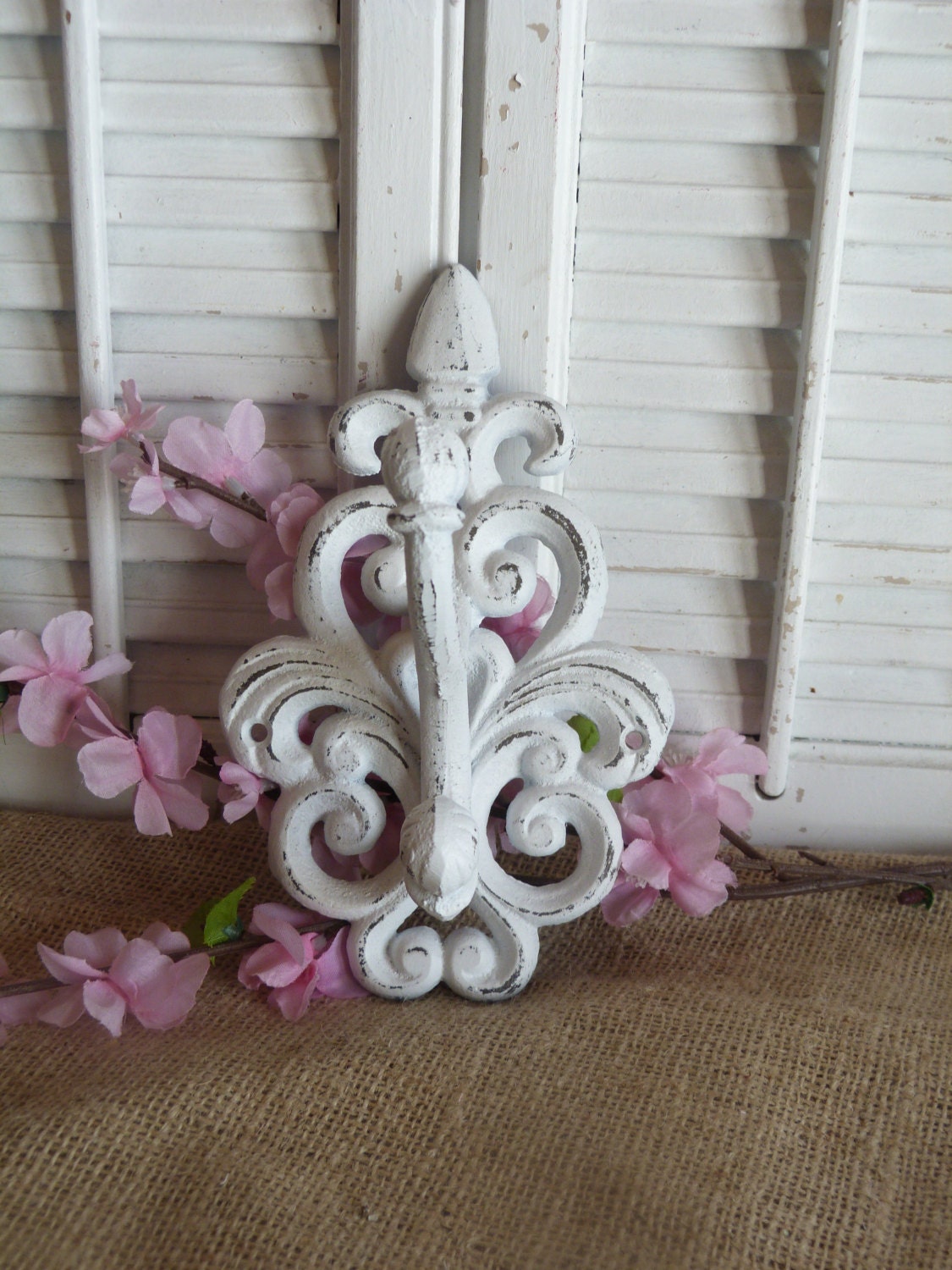 Iron White Robe Coat Rack Hook, Fleur De Lis Hook, Coat Rack, Cottage Chic, Shabby and Chic, Bathroom Decor