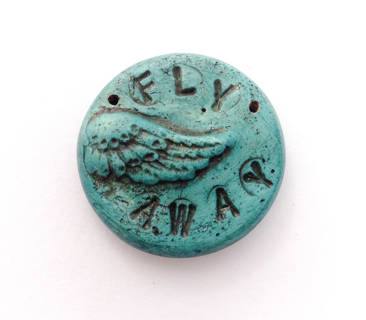 Distressed Grungy Teal Patina "fly away" Polymer Clay Pendant
