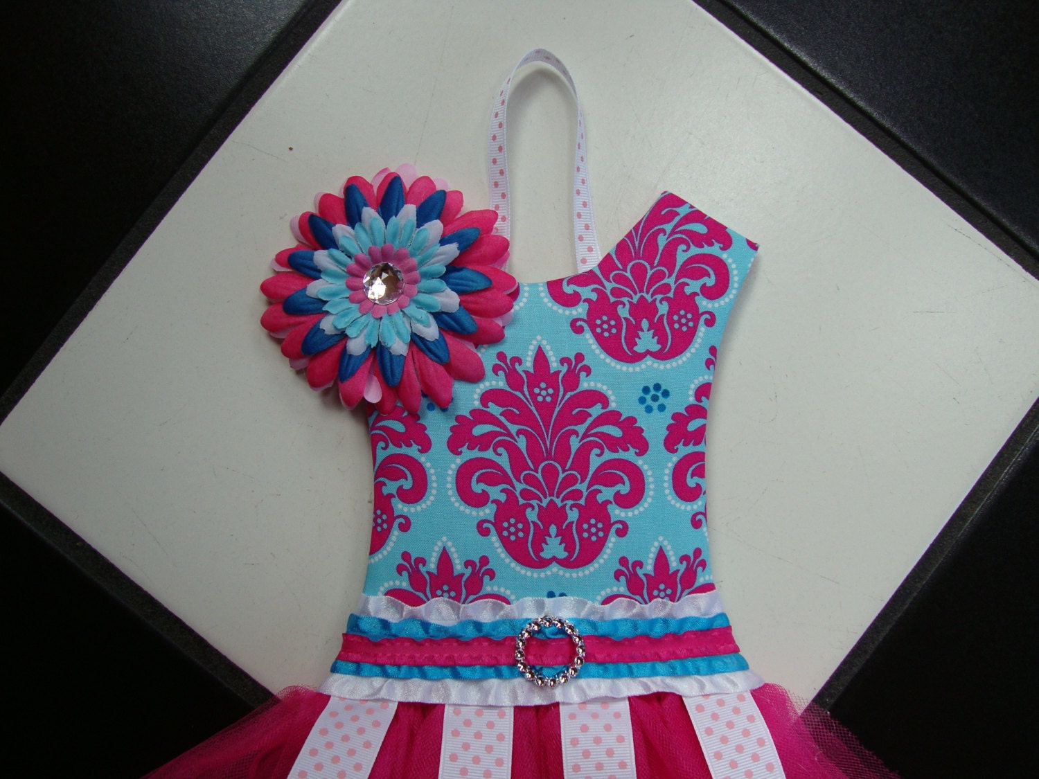 Boutique Tutu Hair Bow Holder Hot Pink Damask Turqoise Teal White Polka Dot
