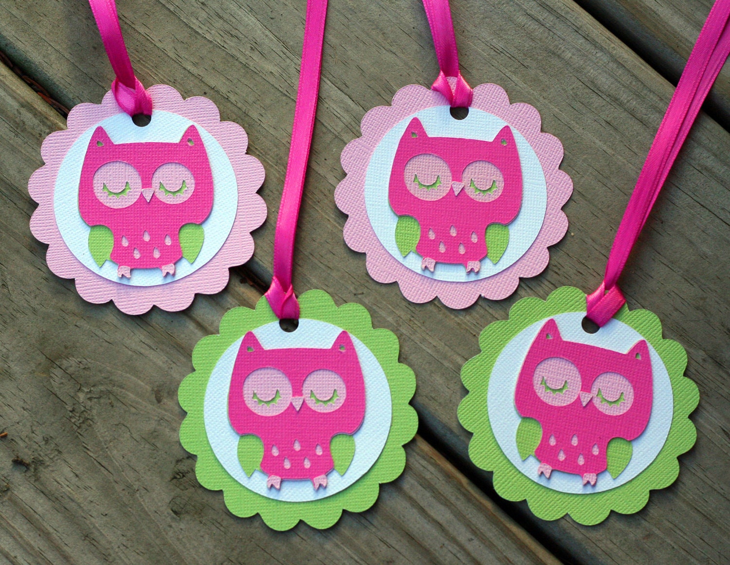 12 Pink and Green Owl Favor Tags , Owl Baby Shower, Owl Birthday