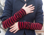 Stripe me: long, black & red striped fingerless gloves, handmade from recycled stretch velvet