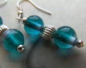 Teal Glass & Silver Earrings, Aqua Beads, Green, Fishhook, Long Dangle, Resort Wear, Vacation, Gift for Mom, Teen, Handcrafted Jewelry, OOAK