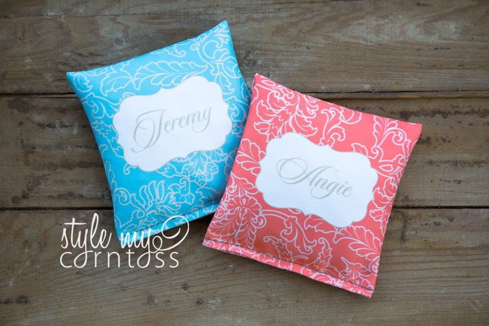 Cornhole Bags - Full Set (8 bags) - Vintage Floral Pattern w/ Names