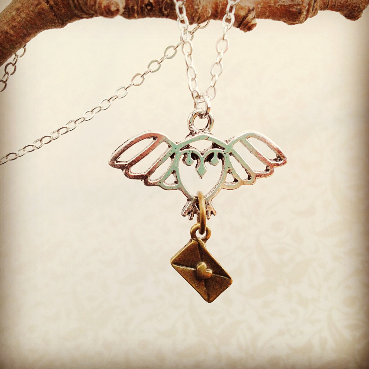 Hedwig Necklace. Harry Potter Jewelry. Owl. Silver Chain. Envelope with Heart Charm. Hogwarts Letter. Fantasy. Wizard. Woodland Animal.