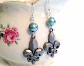 Fleur De Lis Dangle Earrings. Antique Silver Tone. Blue Green Pearls. Dangle Earrings. Silver Tone Hooks. Italy. Florence. 10 Dollars.