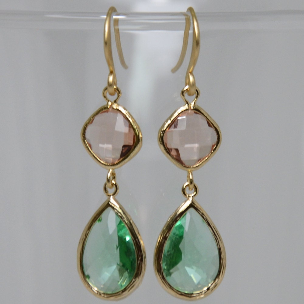 Gold Framed Classy Earrings with Light Green and Soft Peach Glass Jewels - Perfect for Spring