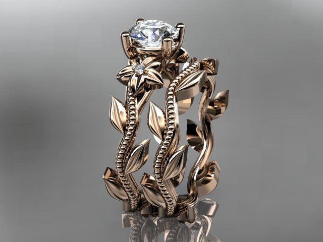 Unique 14kt  rose gold diamond floral wedding ring, engagement set  ADLR238