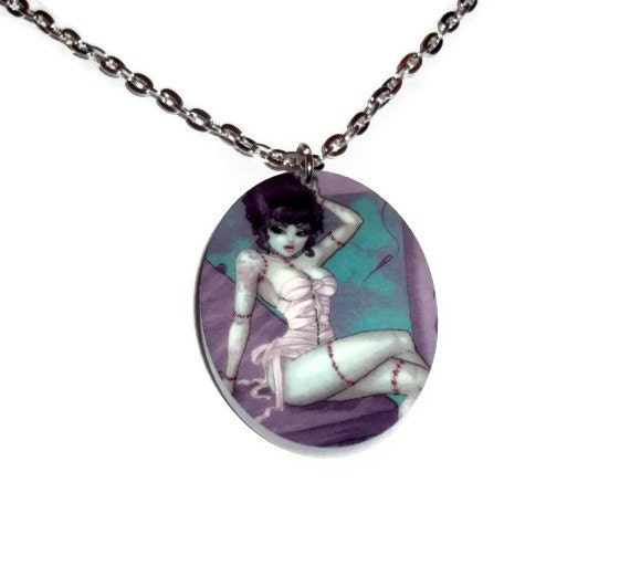 Zombie Pin Up Necklace, Acrylic Rockabilly Jewelry, Horror, Creepy