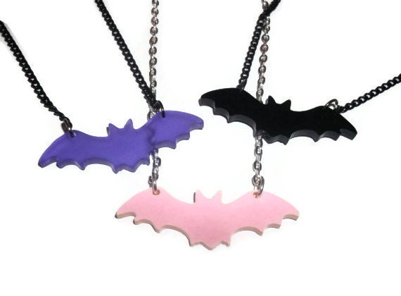 Bat Necklace, Choose Pink, Purple or Black, Cute Pastel Goth Jewelry