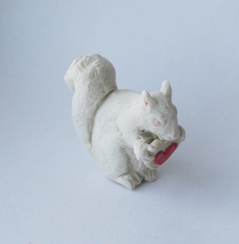 Teeny Albino Squirrel Eating Iced Heart Cookie Porcelain Miniature