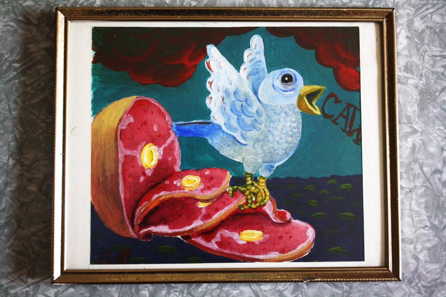 Blue Bird on Sliced Ham Acrylic Painting