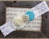 Wedding Garter- Vintage Wedding Bridal Garter- Ivory and Tiffany Blue Wedding Garter