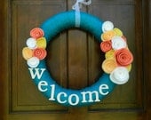 Welcome Summer Wreath - Teal Wreath with Yellow, Peach, Blush and White Flowers and white glitter letters - 18 inch