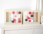 Country chic Home decor with fabric flower wall art 3D design Set of 2pcs Framed ornament White pink beige olive