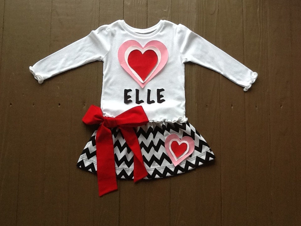 Custom childrens clothing. Girls personalized Valentine twirly skirt & shirt. Black white chevron. Red pink bow hearts. EverythingSorella