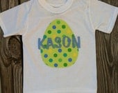Personalized boys applique Easter Egg shirt with name. Blue green yellow polka dot. Custom children's clothing by EverythingSorella