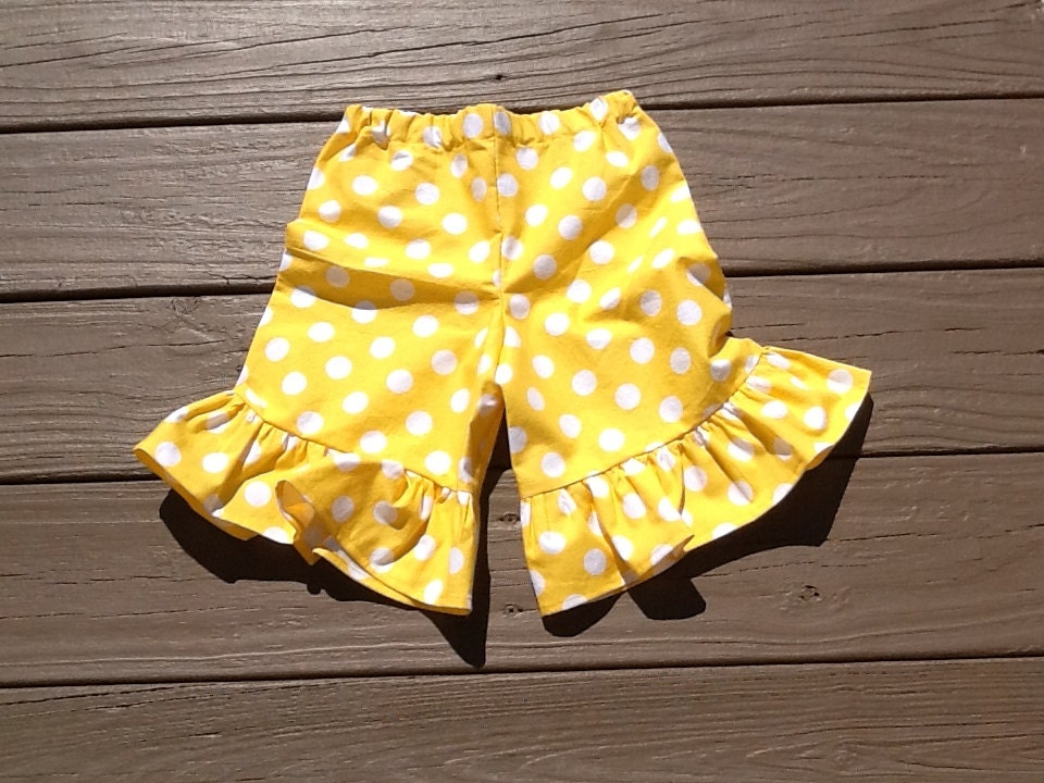 Girls ruffle knee shorts, capris, or pants. Yellow white or any color polka dot. Custom boutique children's clothing by EverythingSorella.