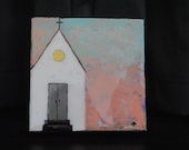 Church Sunset Painting original acrylic painting on canvas 8x8