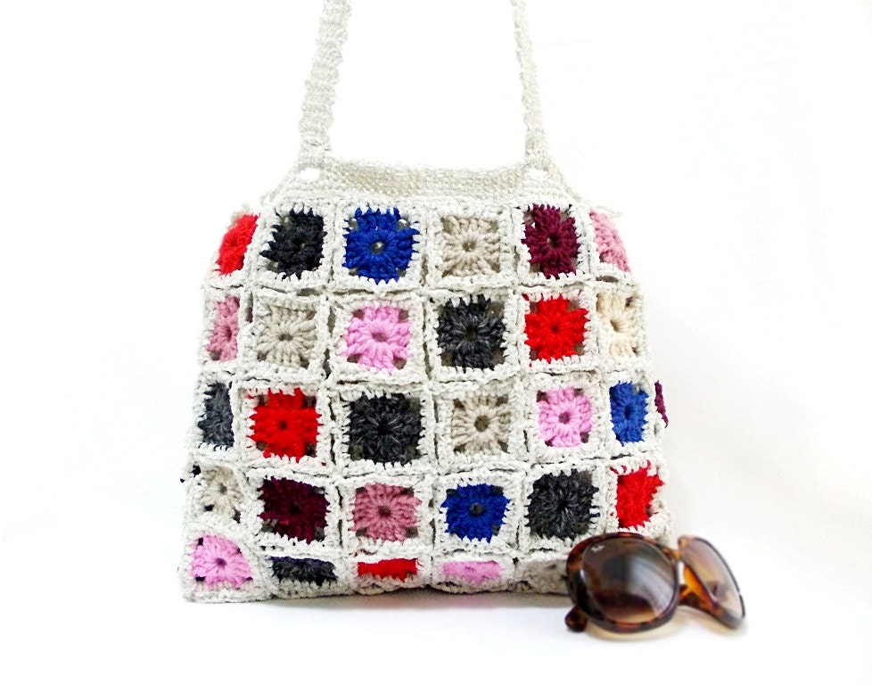 Crochet handbag, Midi box-bag, Multicolor gypsy style, Multicolor tote, Square pattern, Crochet granny square bag - aynikki
