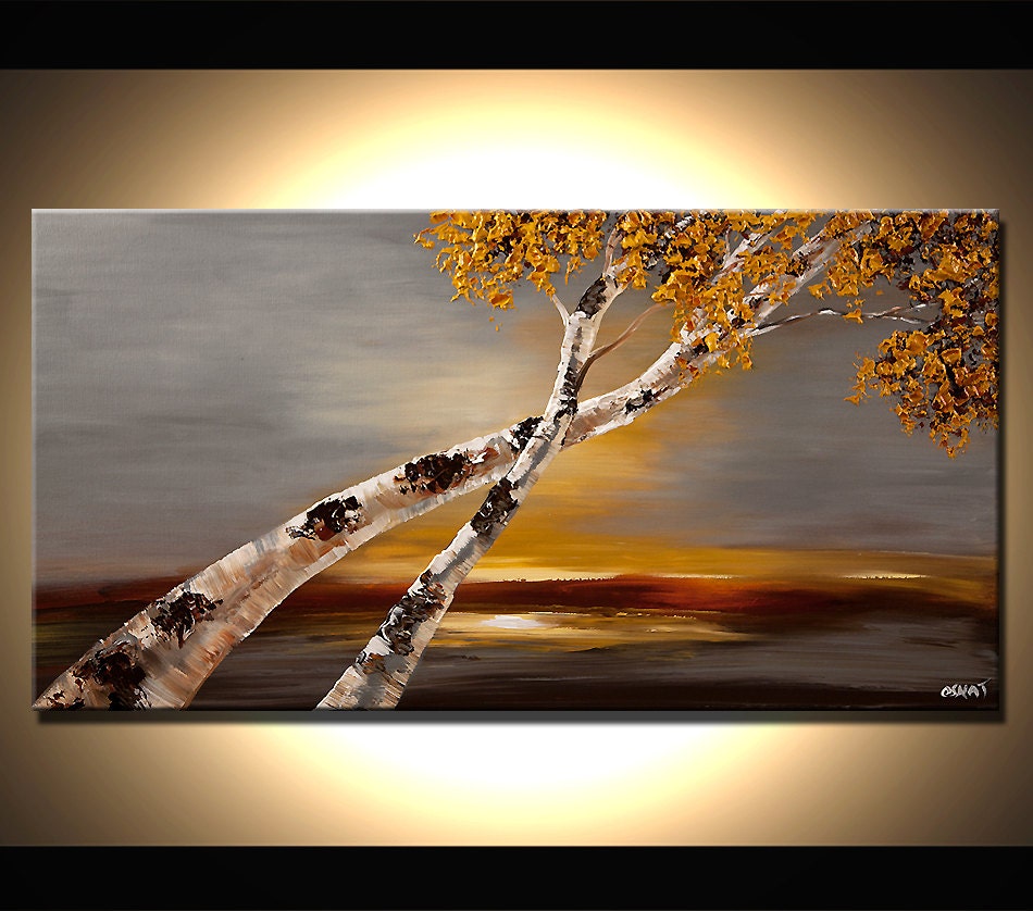 Original Abstract Birch Tree Painting Modern Acrylic Painting Palette Knife Gray Landscape by Osnat