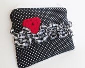 Black Dot Zipper Pouch With Crocheted Heart - Coin Purse - Makeup Bag
