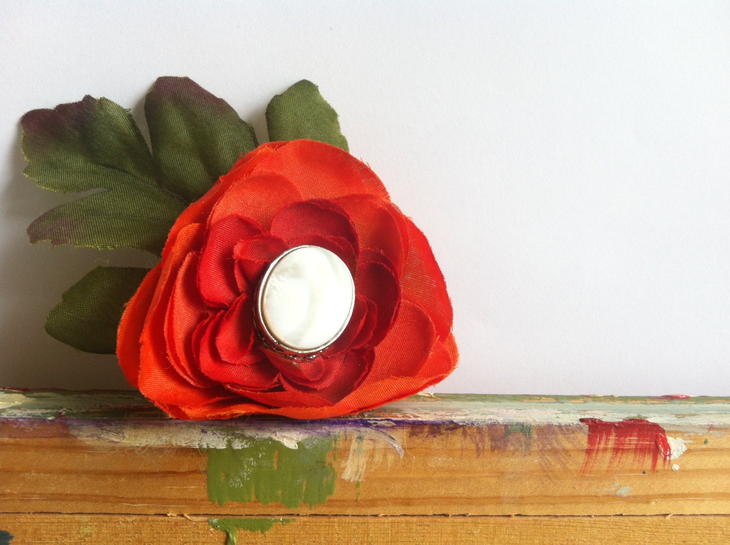 Blood Orange Silk Flower with White Marble Stone Center