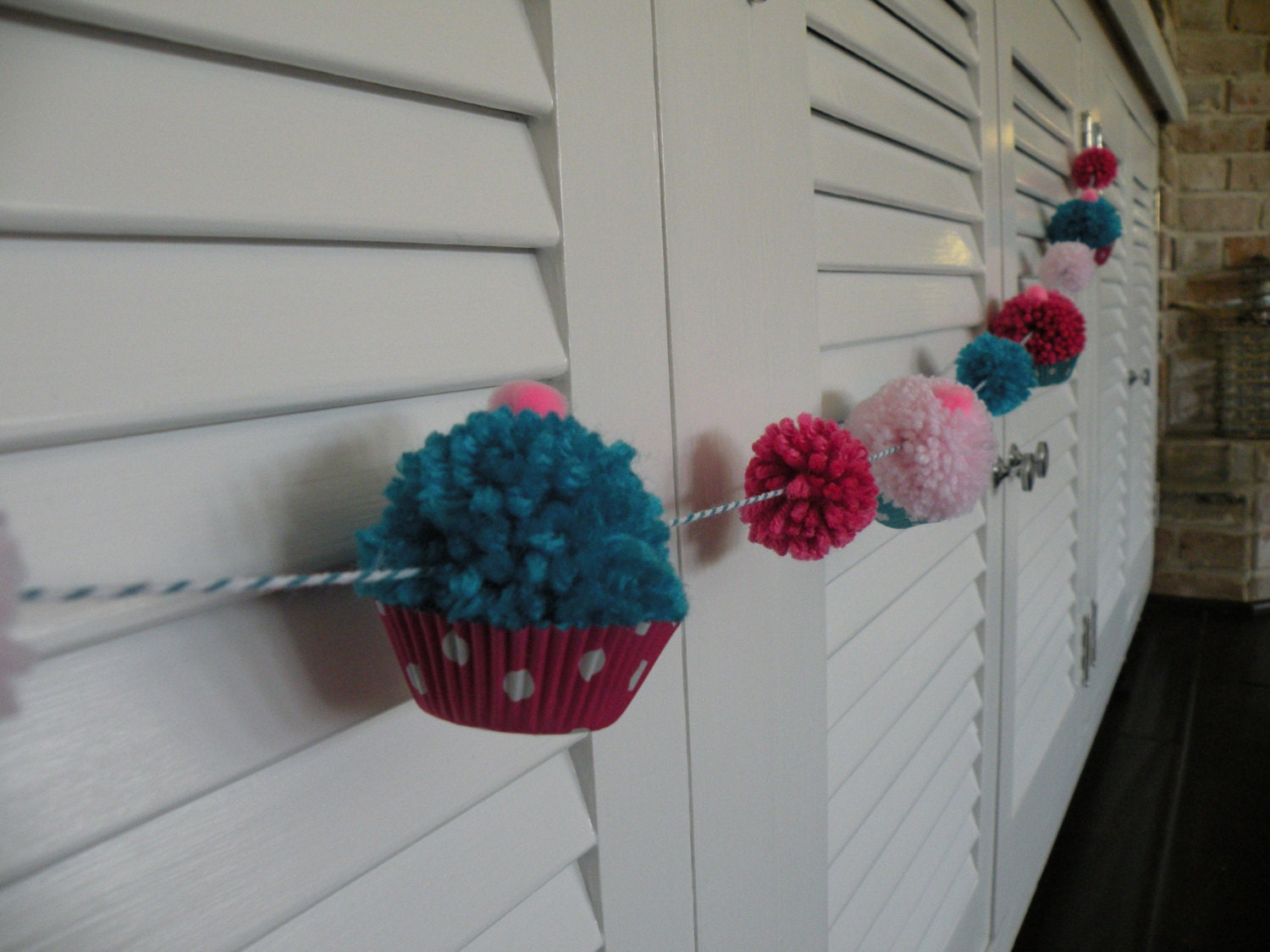 Pink and Teal Pompom Cupcake  Birthday Garland