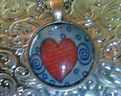 Glass Tile Pendant Necklace, Vintage Heart set in Antique Brass Necklace, Ball Chain Necklace