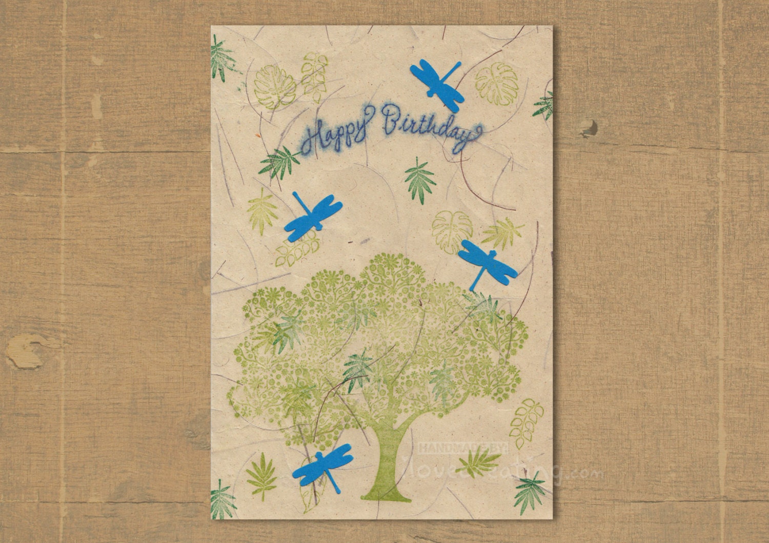 Spring BIRTHDAY CARD Handmade Greeting Card with green trees and  blue dragonflies