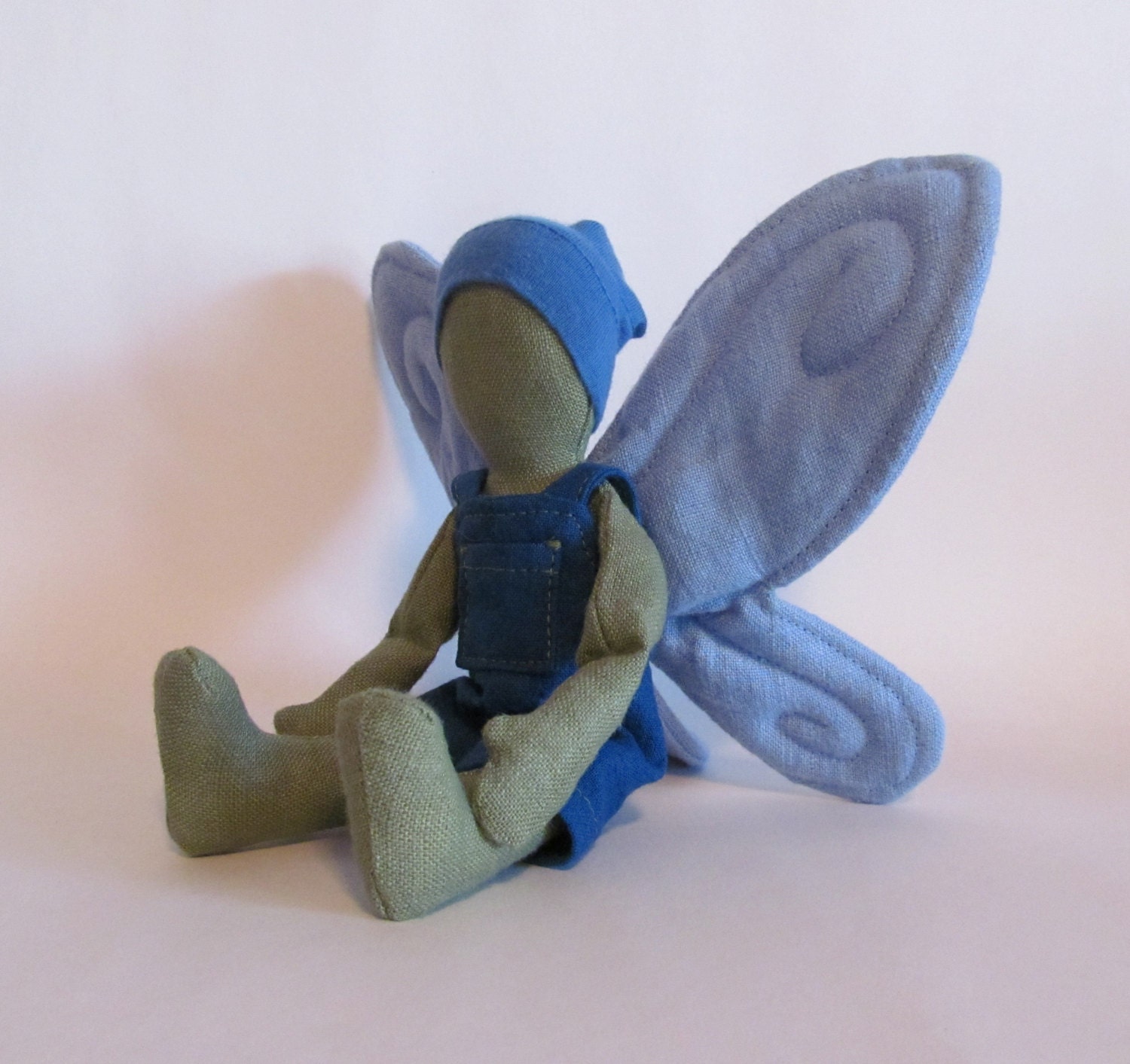 7" Eco-friendly blue and green faerie doll with blue overalls