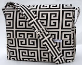 Diaper Bag - Tote Bag - Black Onyx/Natural Geometric with French Stamp lining - Large Messenger Bag with Inner and Outer Pockets
