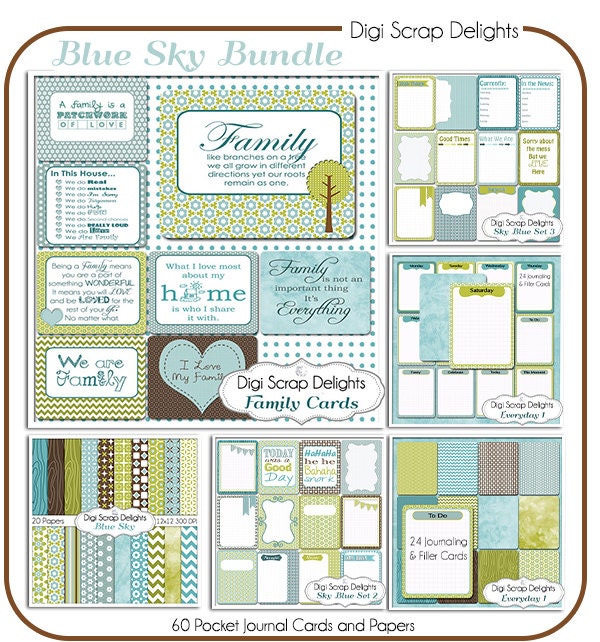 Sky Blue Pocket Journal Card Bundle 60  Project Life Style Blue & Green Pocket Cards, Printable Digital Scrapbooking, Instant Download