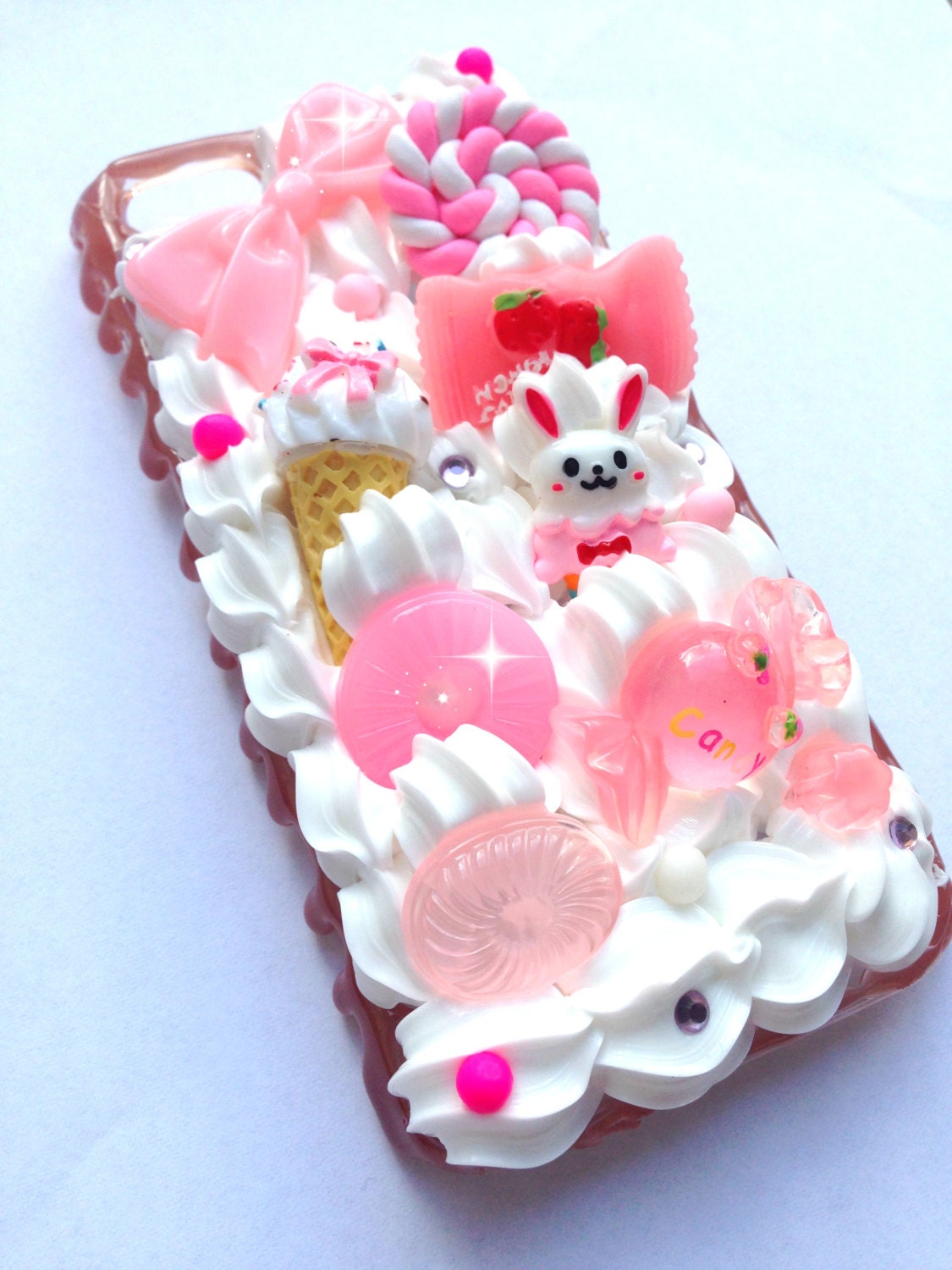 Kawaii Cute Decoden Pastel Pink Rabbit Sauce Candy Bow Whipped Cream iPhone 5 Cell Phone Case