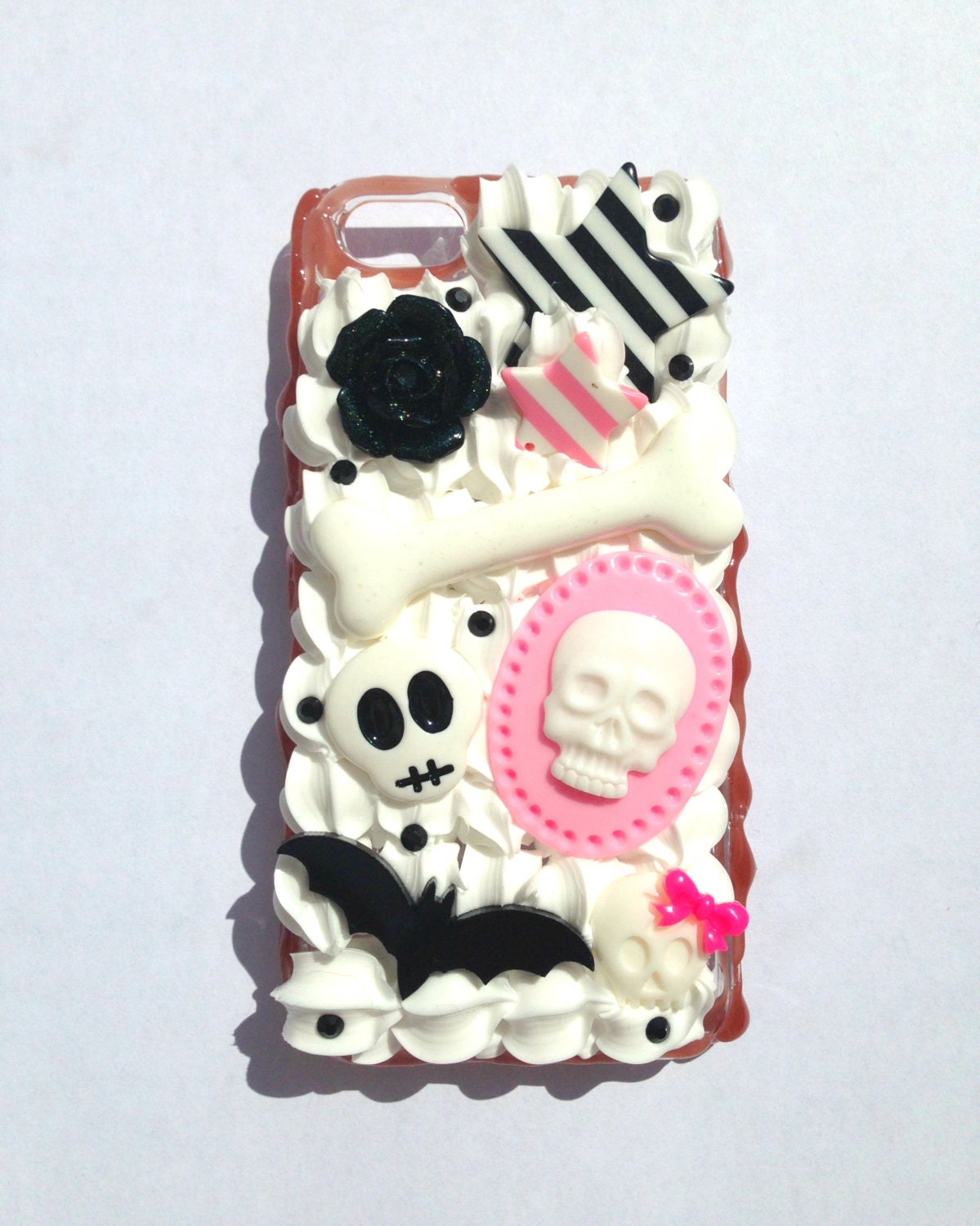 Creepy Cute Kawaii Pink and Black Skull Bat Bone Cameo Star Striped Decoden Whipped Cream iPhone 5 Cell Phone Case